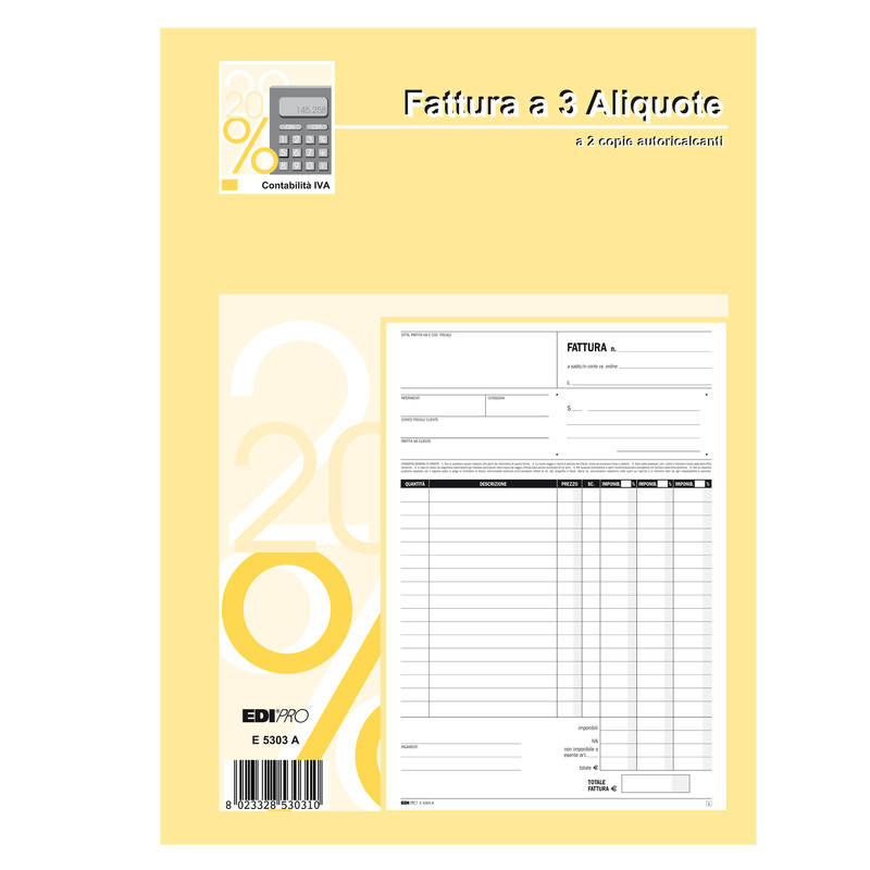 BLOCCO FATTURE 3 ALIQUOTE IVA 2COPIE 50FOGLI AUTORIC. 29,7X21 E5303A