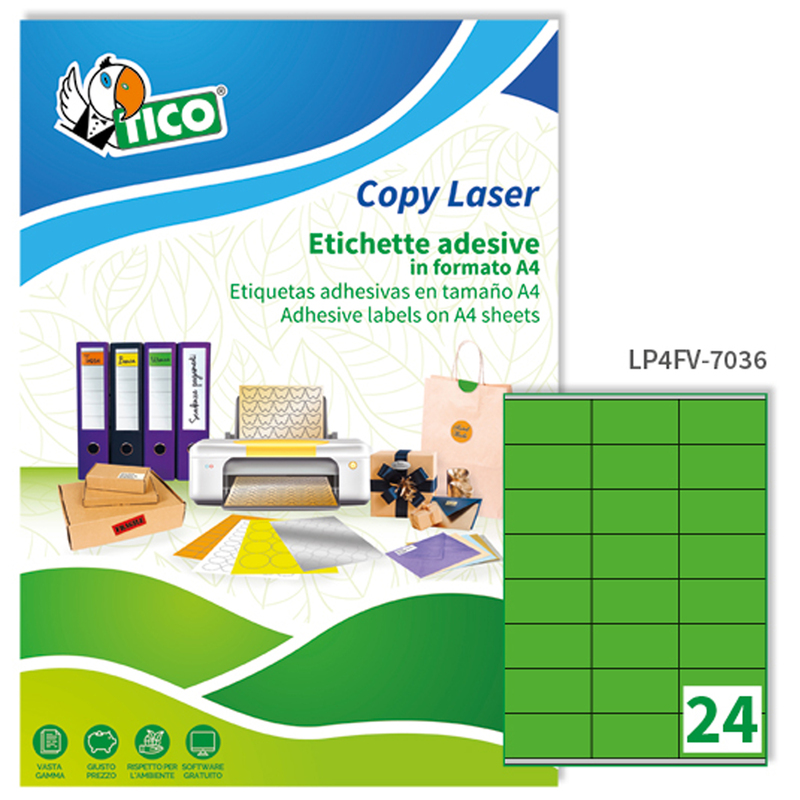 Etichetta adesiva LP4F verde fluo 70fg A4 70x36mm (24et/fg) Tico
