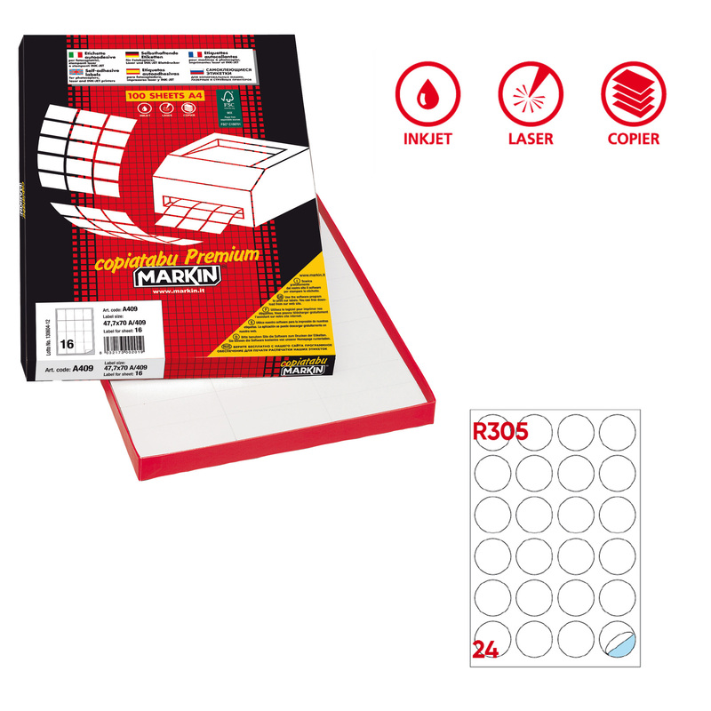 Etichetta adesiva R/305 bianca 100fg A4 D40mm (24et/fg) Markin