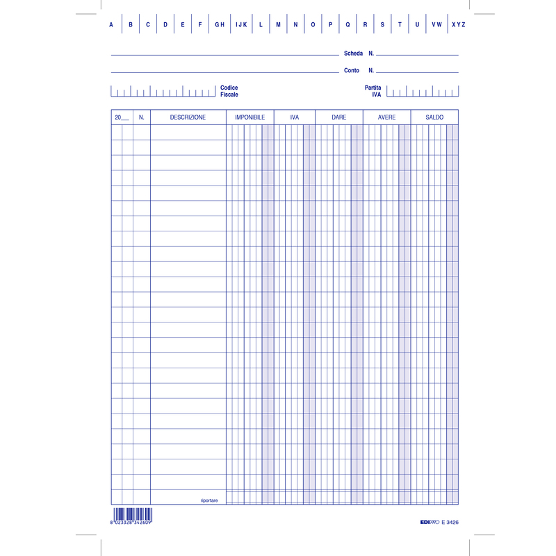 100 SCHEDE VERTICALI 24X17CM DARE/AVERE/SALDO/IVA E3426BL EDIPRO