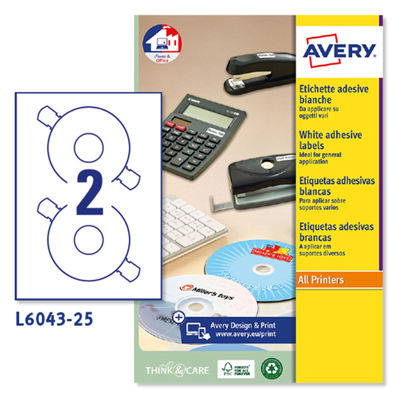Etichetta adesiva L6043 bianca CD/DVD 25fg A4 D117 foroD41mm (2et/fg) laser