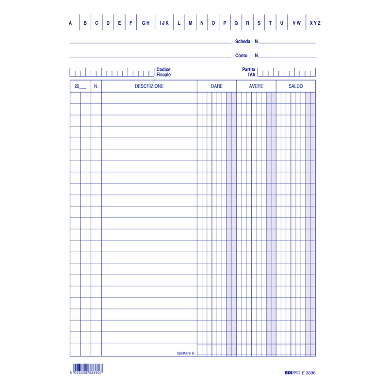 100 SCHEDE VERTICALE 21X15CM DARE/AVERE/SALDO E3336BL