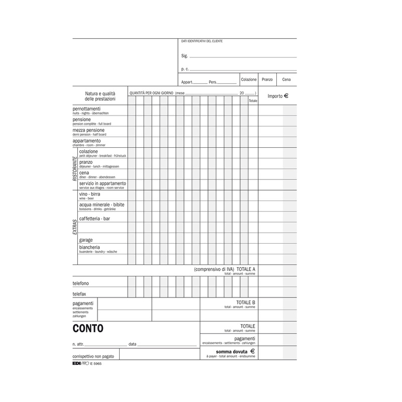 BLOCCO CONTO ALBERGO/PENSIONE 15GG 23X15CM 100FG USO MANO E5965