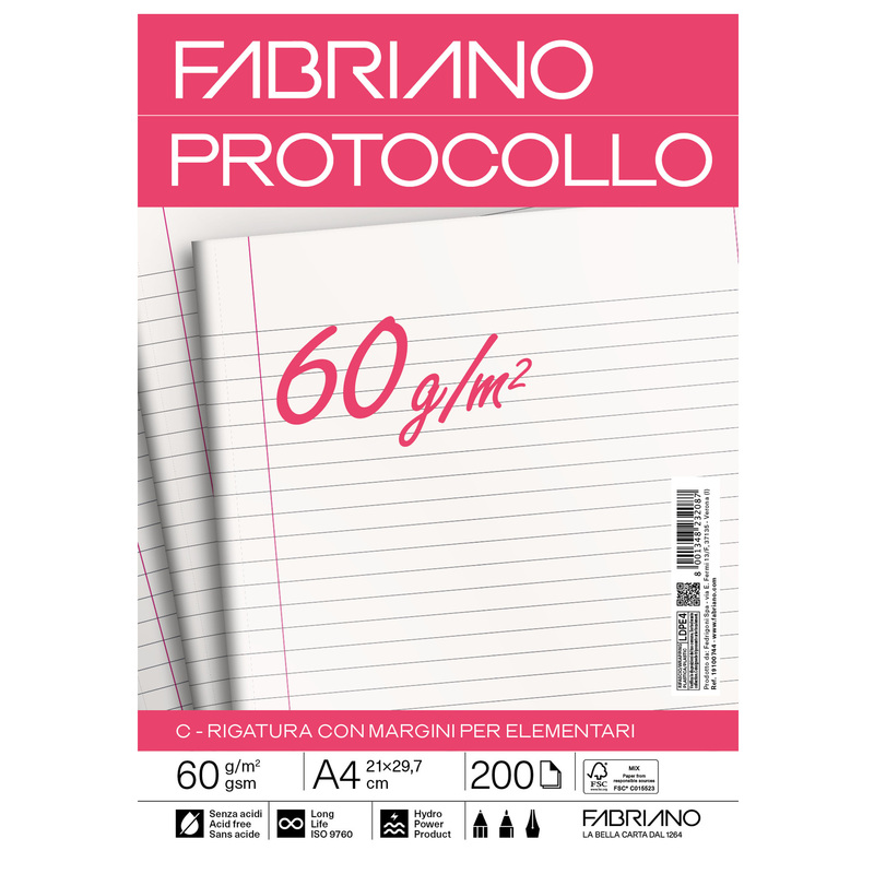Protocollo 1rigo c/margine 200fg 60gr f.to A3 chiuso (21x29,7cm) Fabriano