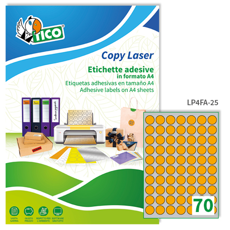 Etichetta adesiva arancio fluo 70fg A4 tonda D25mm (70et/fg) Tico
