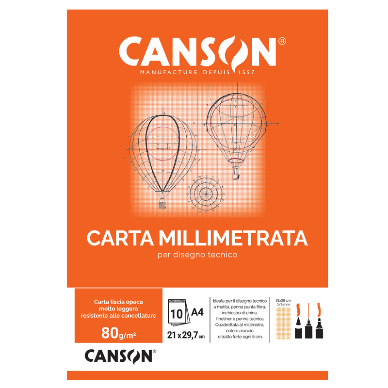 BLOCCO CARTA OPACA MILLIMETRATA 210x297mm 10FG 80GR CANSON