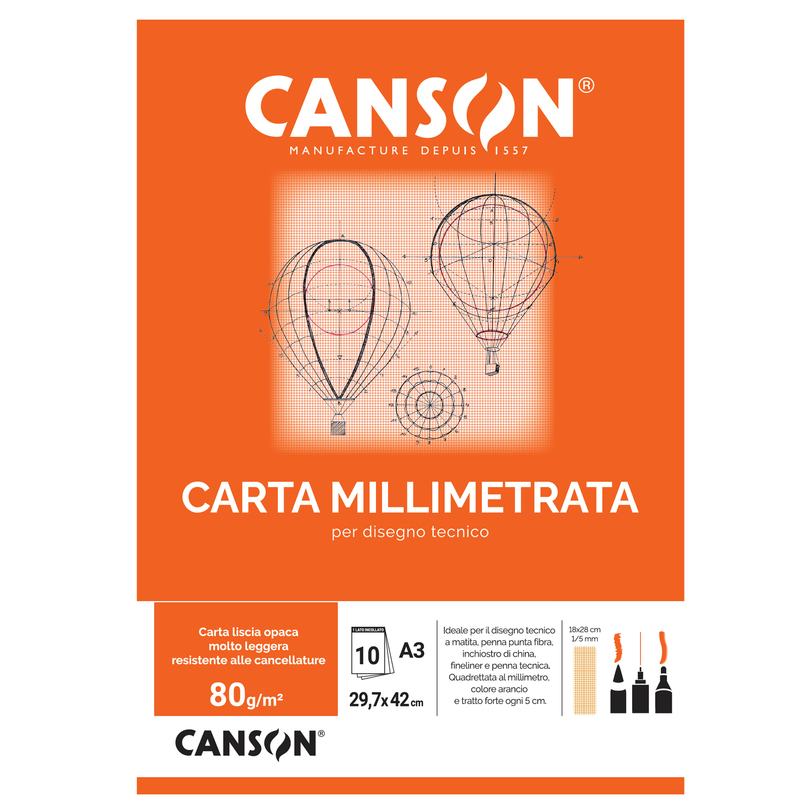 BLOCCO CARTA OPACA MILLIMETRATA 297x420mm 10FG 80GR CANSON