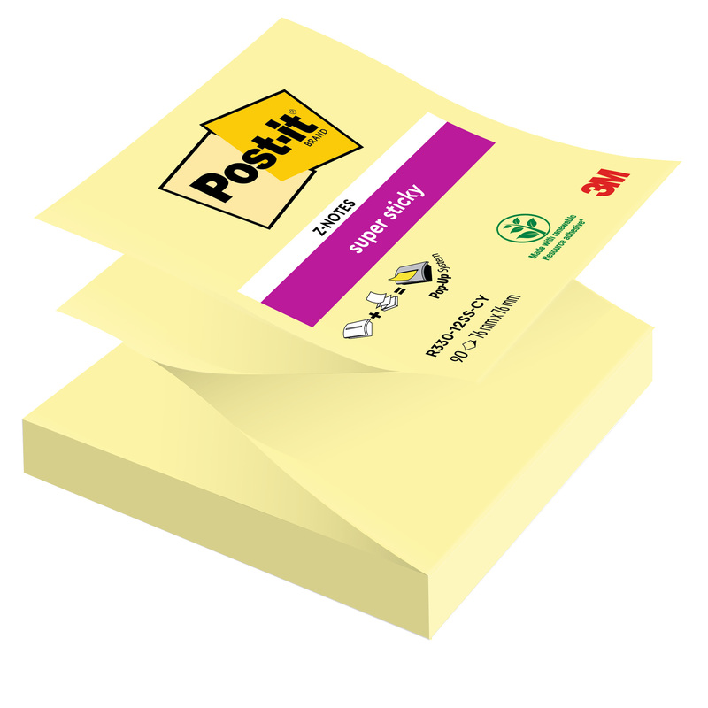 BLOCCO 90foglietti Post-itR Super Sticky Z-Notes Canary76x76mm R330-123SS-CY