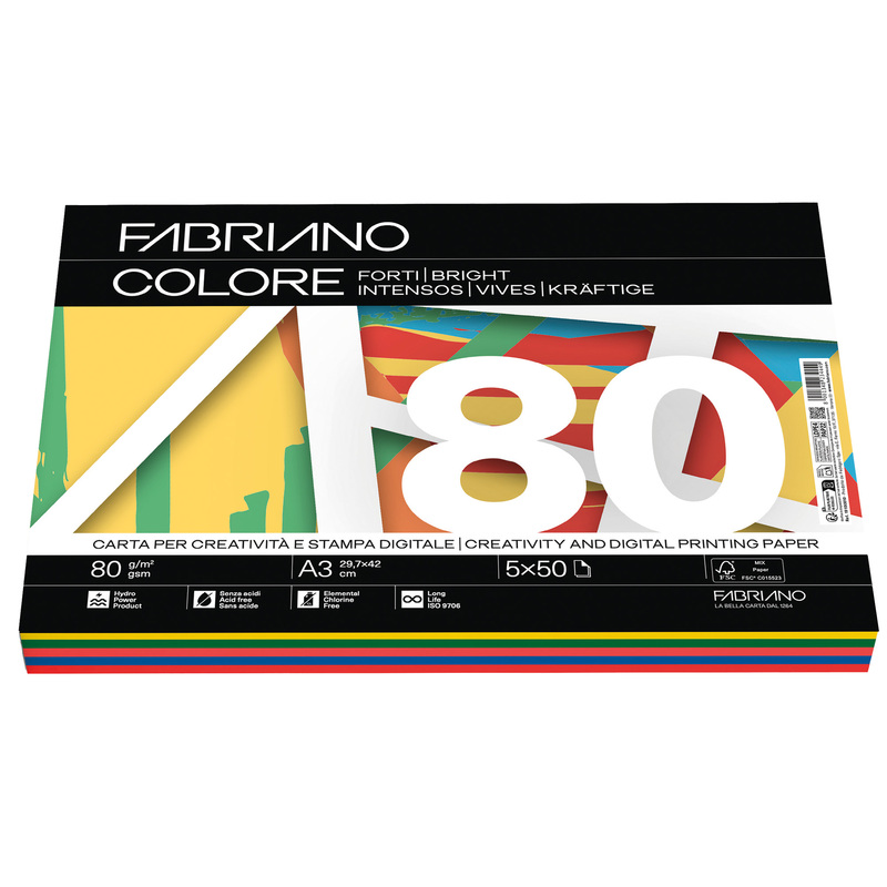 Carta Fabriano Colore A3 80gr 250fg mix 5 colori forti