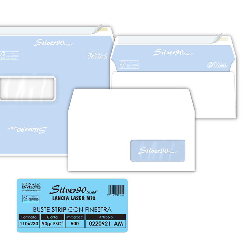 500 busteSILVER90 STRIP LASER FSCRbianca intern. c/finestra110x230mm 90gr Pigna