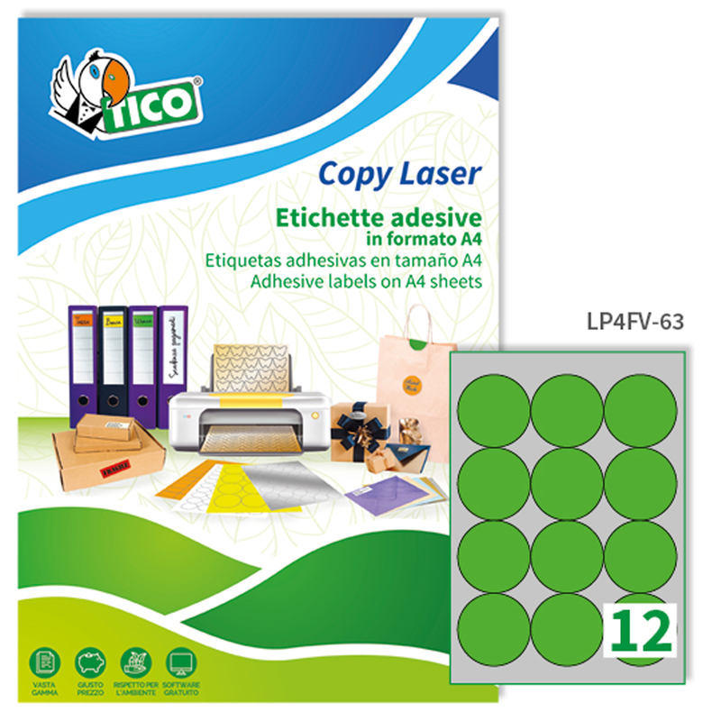 Etichetta adesiva LP4F verde fluo 70fg A4 tonda D63,5mm (12et/fg) Tico