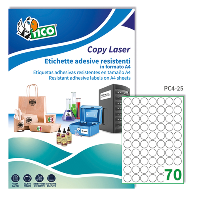 Poliestere adesivo PC4 trasparente 100fg A4 D25mm (70et/fg) laser Tico