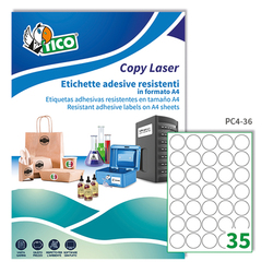 Poliestere adesivo PC4 trasparente 100fg A4 D36mm (35et/fg) laser Tico