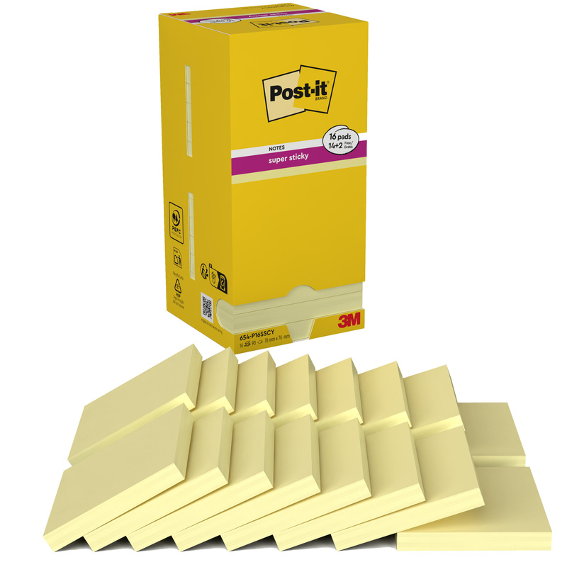 VALUE PACK 14+2 BLOCCO 90fg Post-itR Super Sticky Giallo Canary 76x76mm