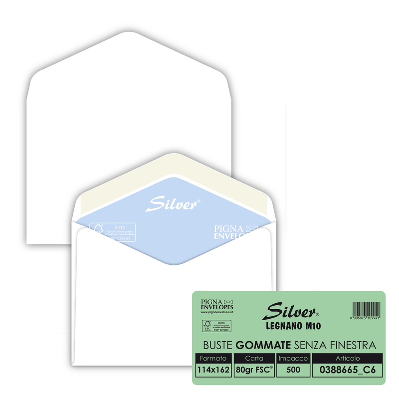 500 buste Silver gommata bianca s/finestra 114x162mm 80gr Pigna Envelopes
